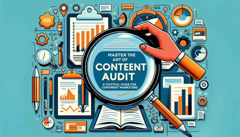 Illustration of content marketing tools with a magnifying glass focusing on "Master the Art of Content Audit" text.